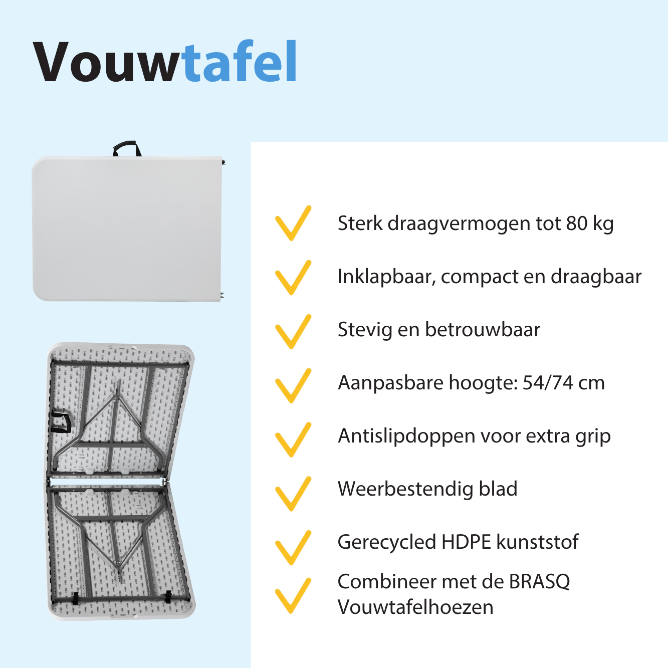Een witte klaptafel met kenmerken: 80kg draagvermogen, inklapbaar, verstelbare hoogte.