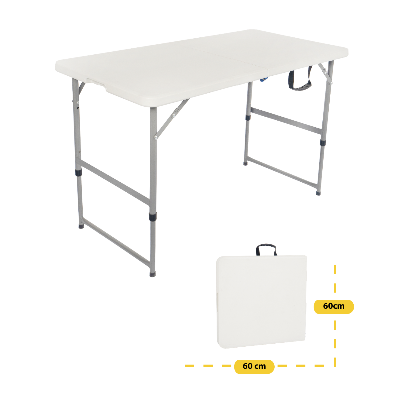 Een witte klaptafel met metalen poten, zowel open als opgevouwen.