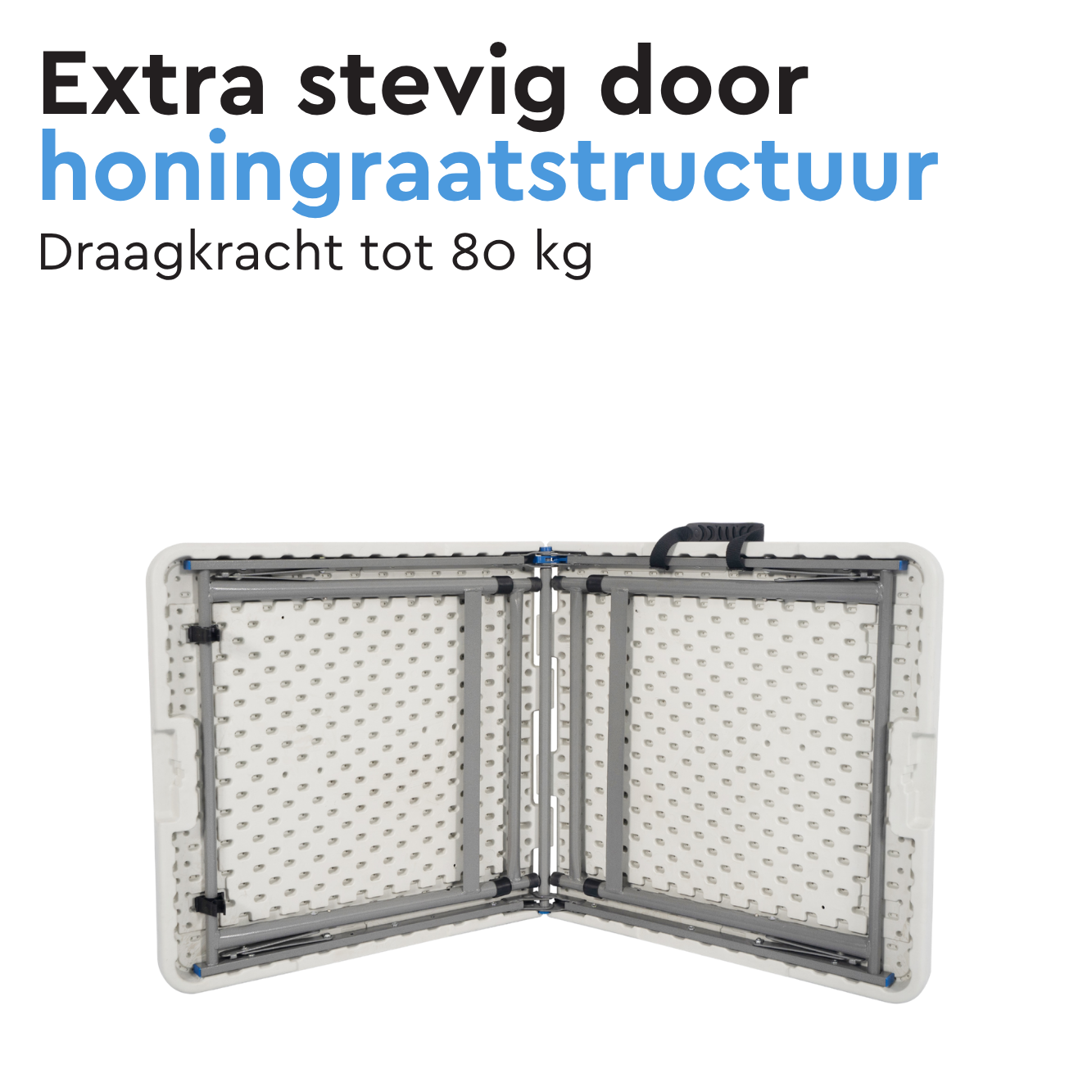 Een witte klaptafel met metalen frame en honingraatstructuur.