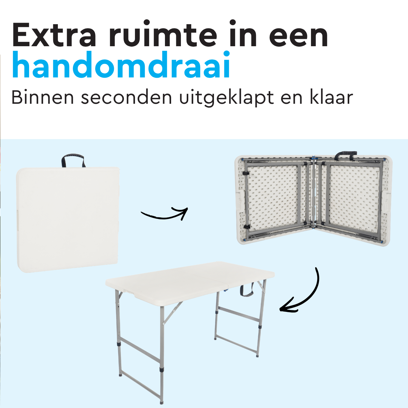 Een witte klaptafel wordt getoond hoe deze van opgevouwen naar uitgeklapt transformeert.