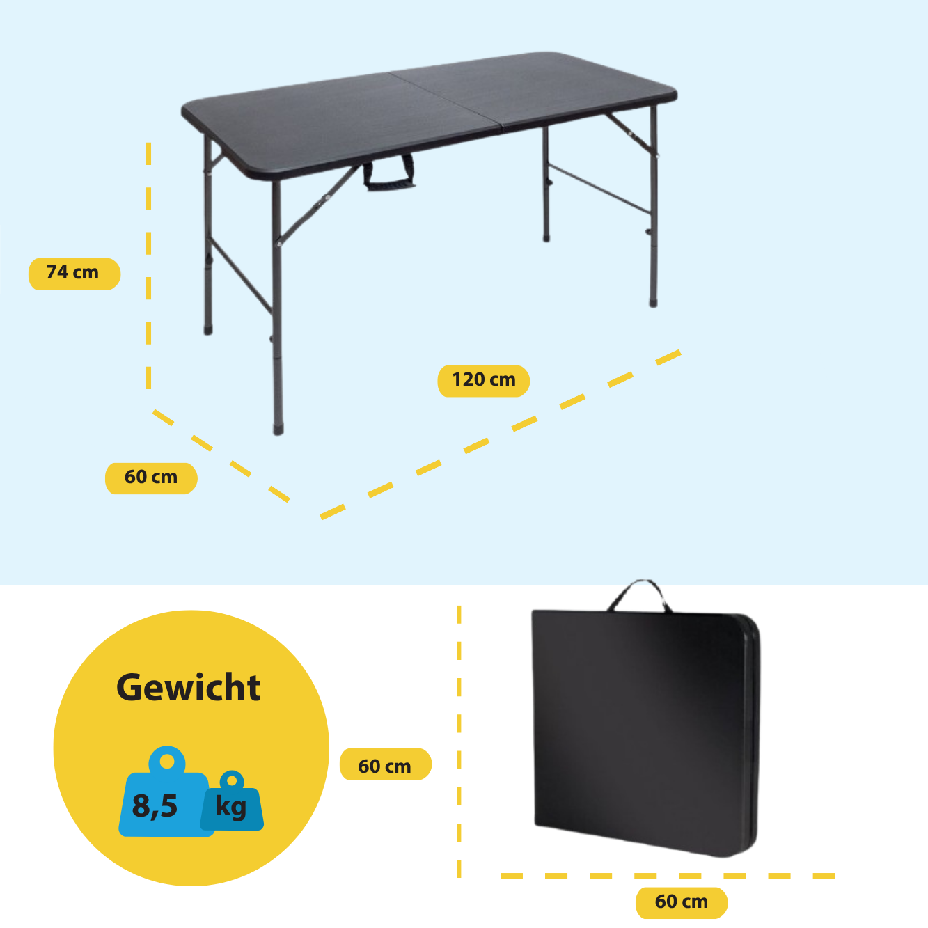 Zwarte klaptafel, 120x60x74cm, 8.5kg, opgevouwen getoond.