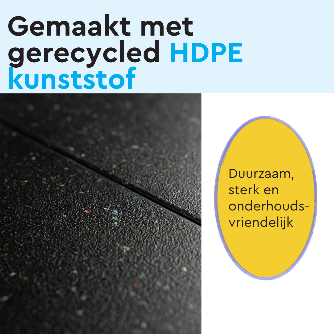 Zwart textuurachtig oppervlak met kleurflinters, tekst: Gemaakt van gerecycled HDPE kunststof.