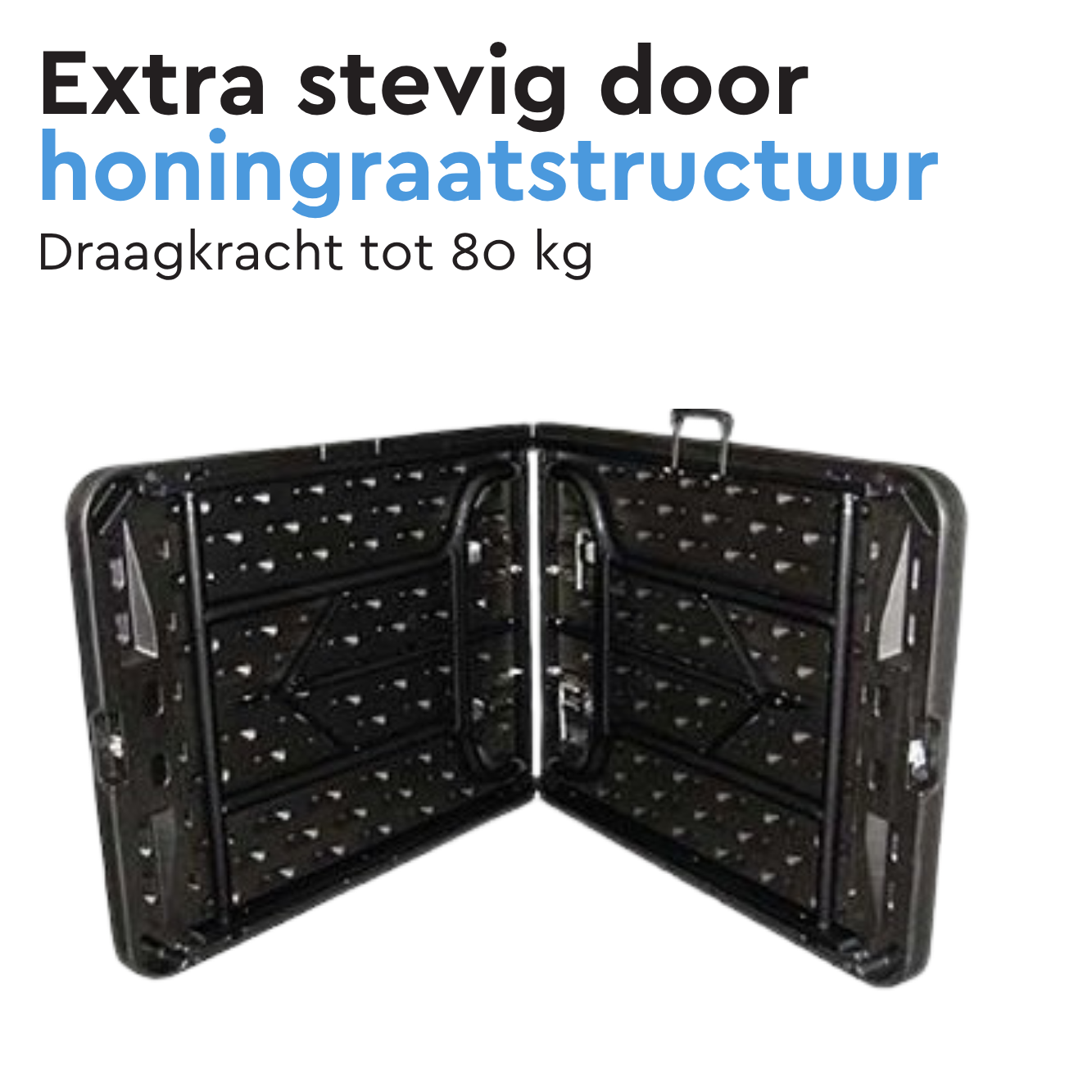 Zwarte klaptafel met honingraatstructuur, draagvermogen tot 80kg.