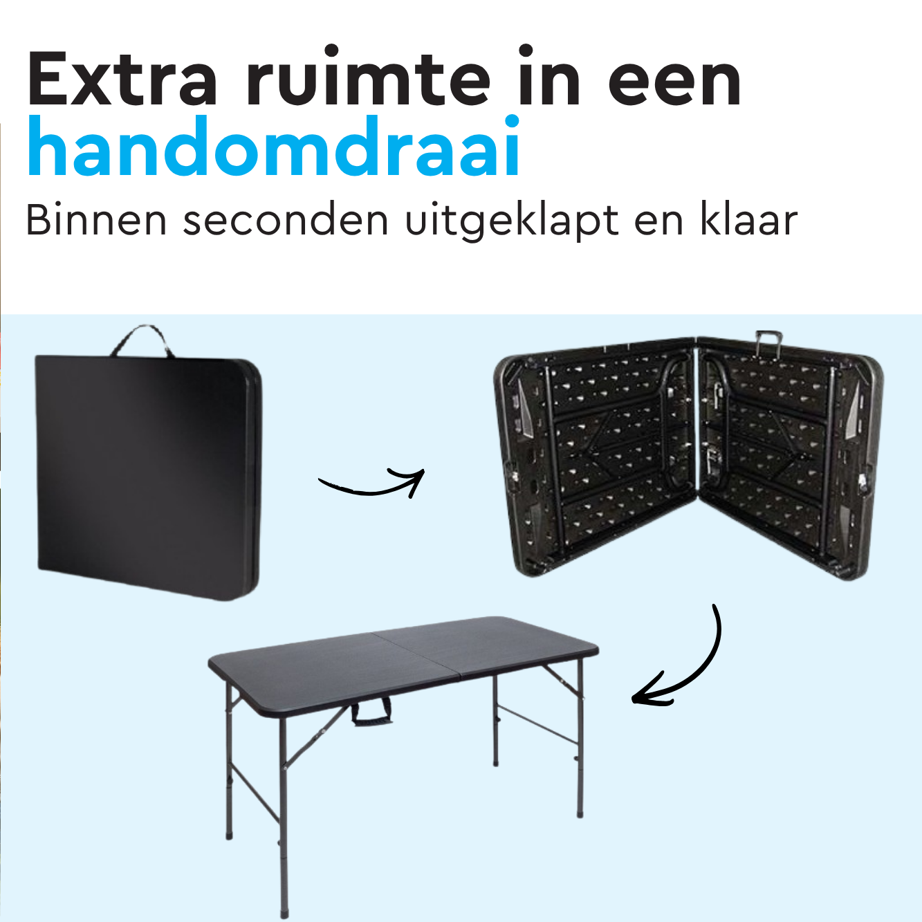 Zwarte klaptafel in gesloten en open toestand. Links: gesloten. Rechts: open.