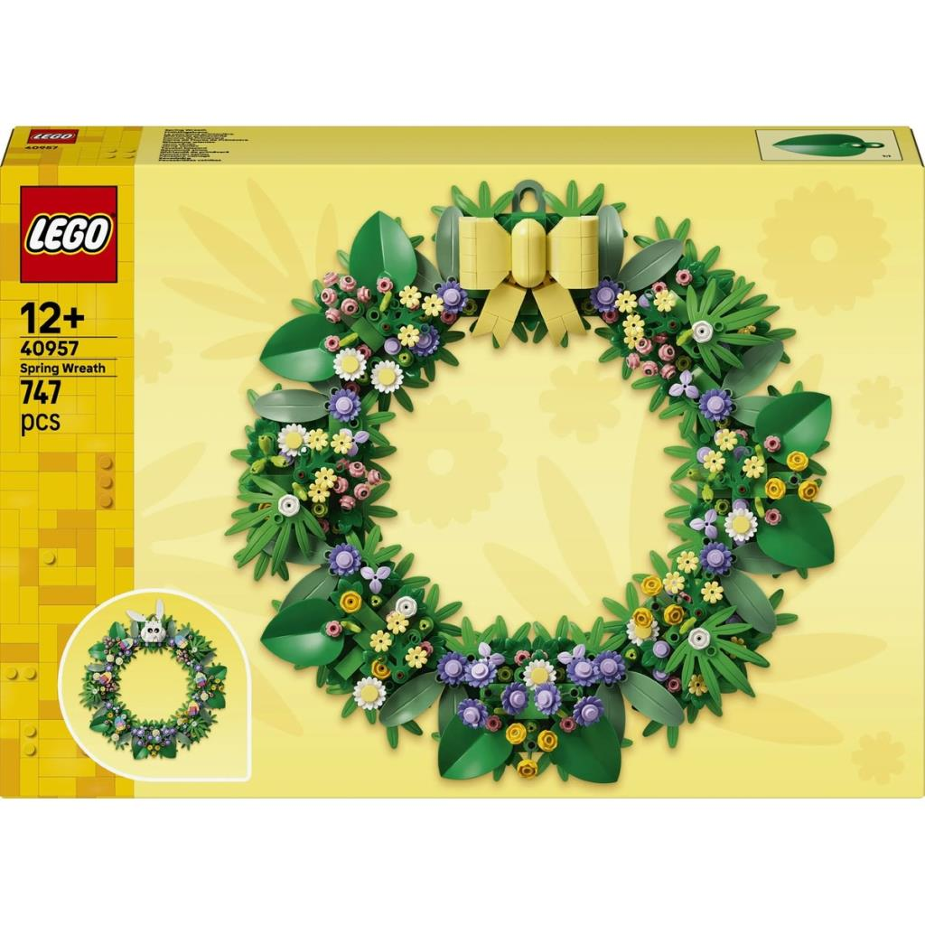 Sarı fiyonklu, yeşil yapraklı ve renkli çiçekli LEGO Bahar Çelengi seti.