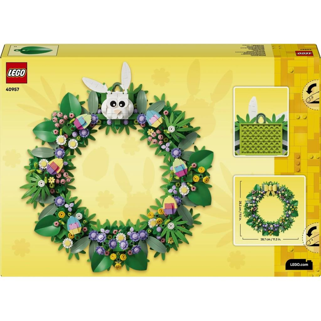 Sarı kutu üzerinde tavşan, yumurta ve çiçekli LEGO Paskalya çelengi.