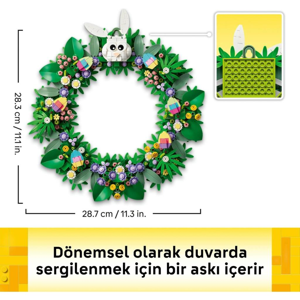 Tavşan kulaklı, yumurtalı ve çiçekli Lego Paskalya çelengi. Askı içerir.