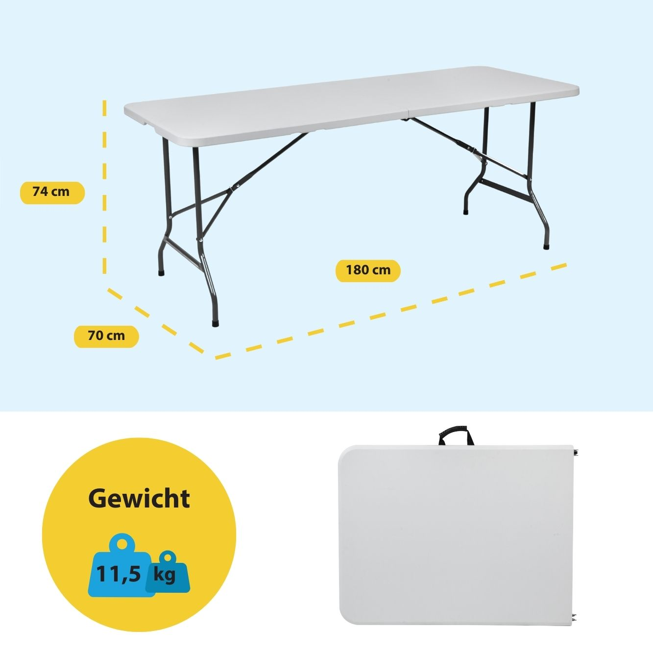 Witte klaptafel met zwarte metalen poten, 180x70x74 cm, 11,5 kg.