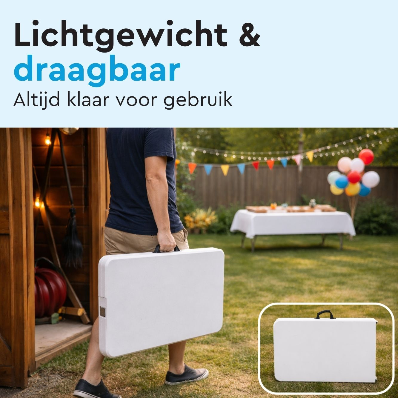 Man draagt witte klaptafel in tuin met feestdecoratie en ballonnen.