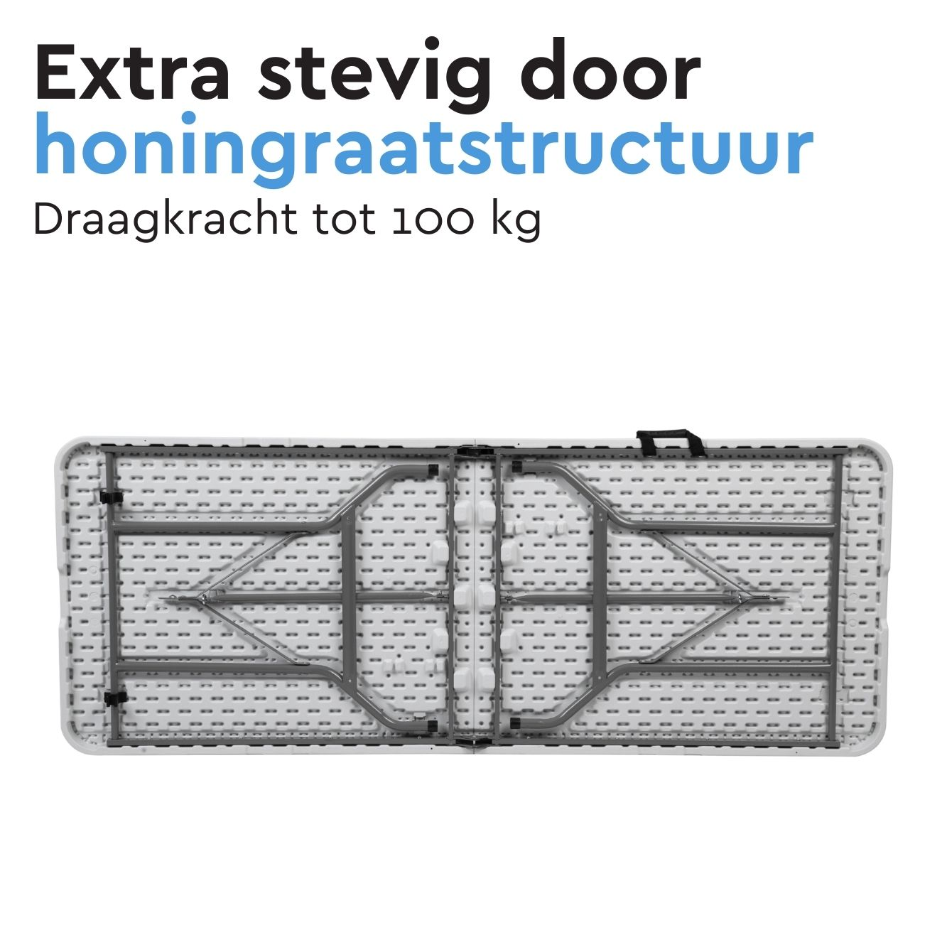 Onderkant witte klaptafel met metalen frame en honingraatstructuur.