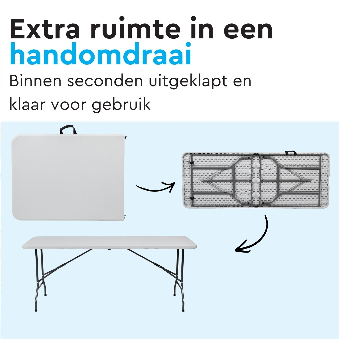 Een witte klaptafel die in drie stappen wordt uitgeklapt.