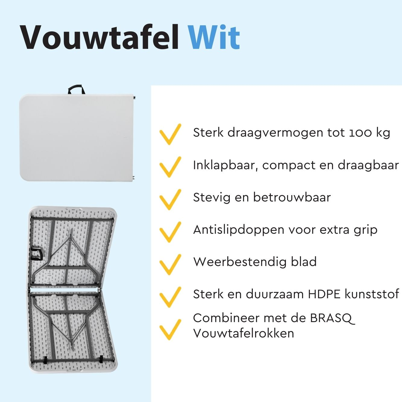Witte klaptafel, draagvermogen 100 kg, inklapbaar, compact, duurzaam.