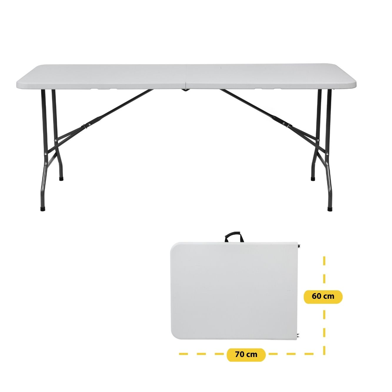 Een witte klaptafel, open en opgevouwen, afmetingen 70cm x 60cm.