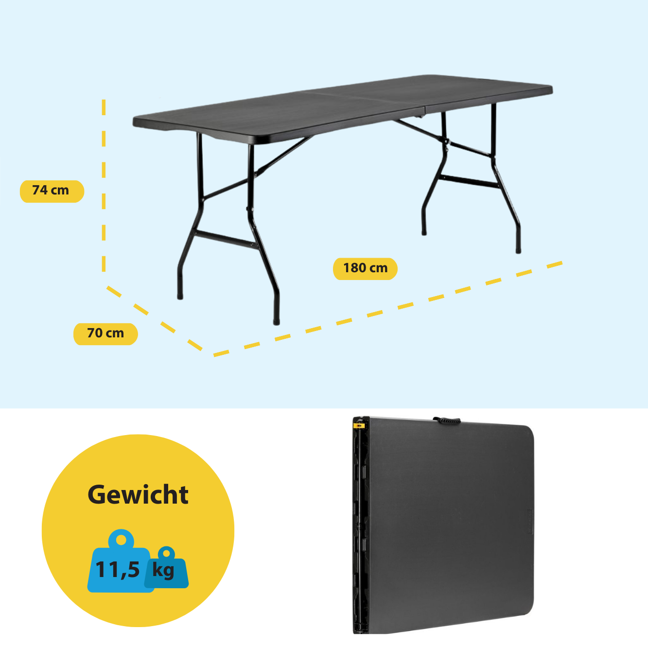 Zwarte klaptafel: 180x70cm, hoogte 74cm. Gewicht 11,5kg. Ingeklapt.