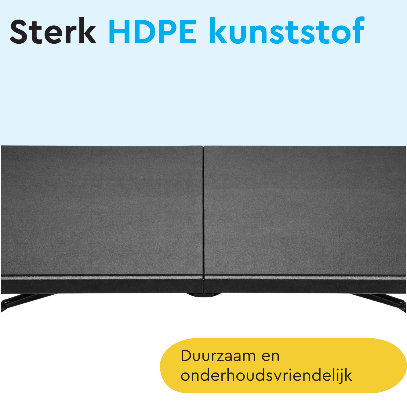 Een donker HDPE kunststof kast met twee deuren en gele tekst.