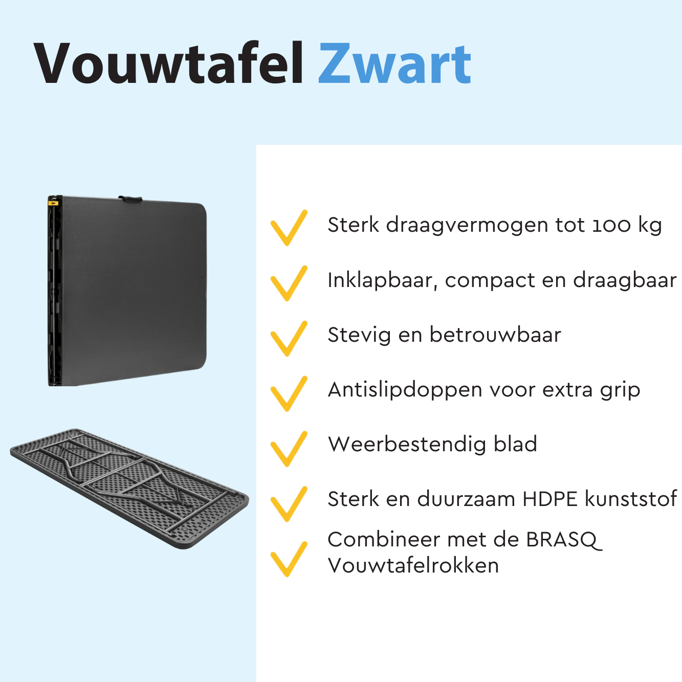 Zwarte klaptafel, gevouwen en opengeklapt, met kenmerken.