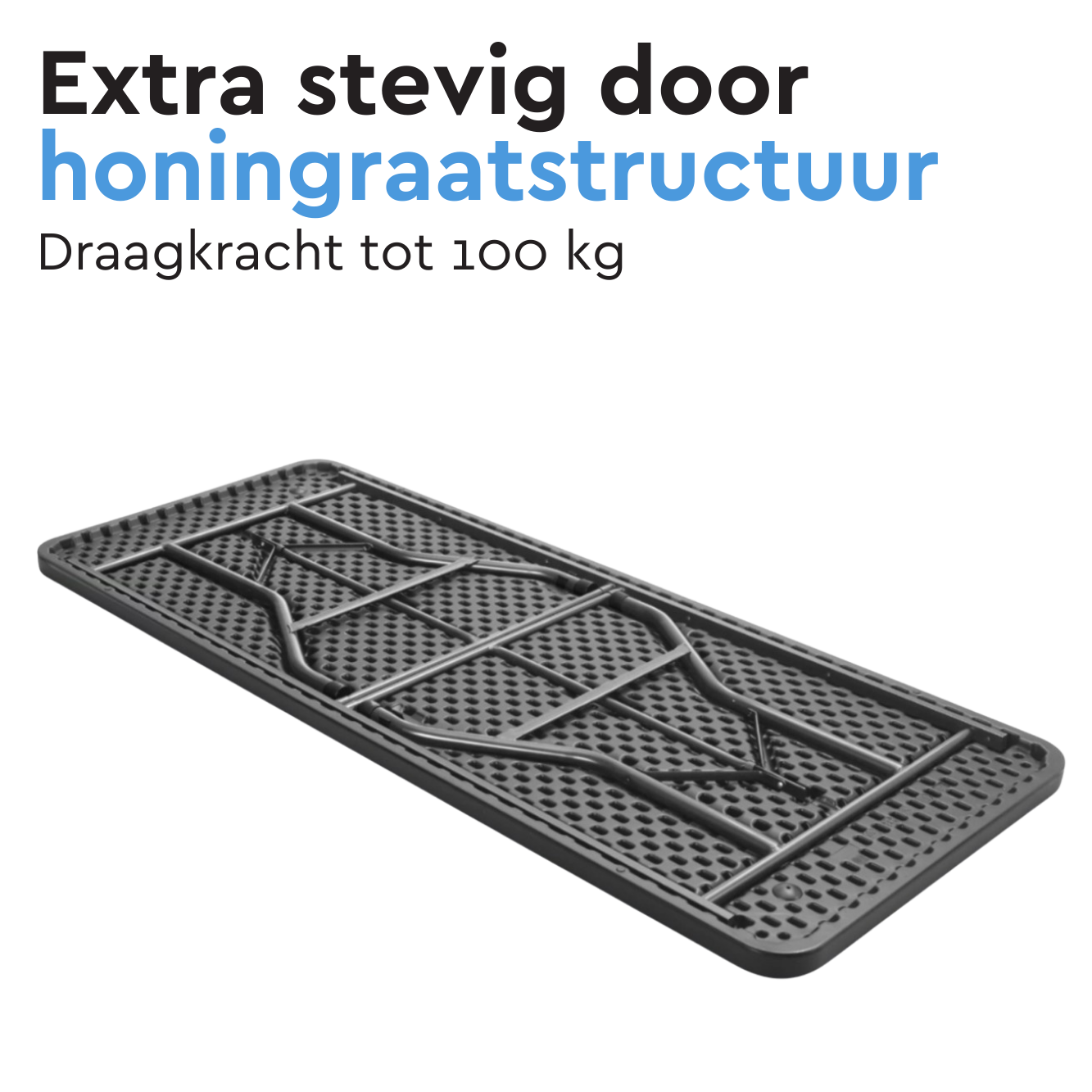 Zwarte klaptafel met honingraatstructuur, draagkracht tot 100 kg.