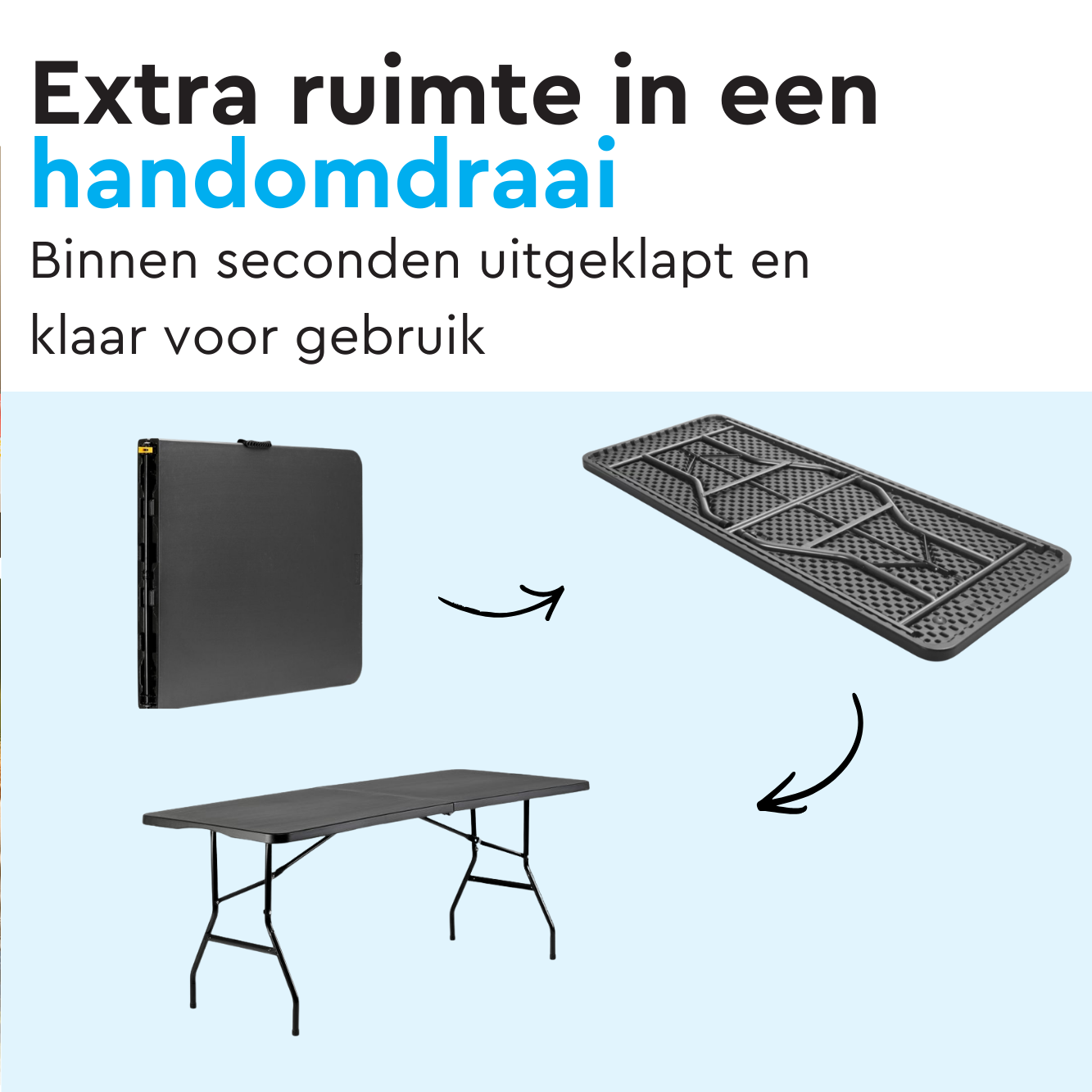 Een zwarte klaptafel wordt getoond, open en dichtgeklapt.