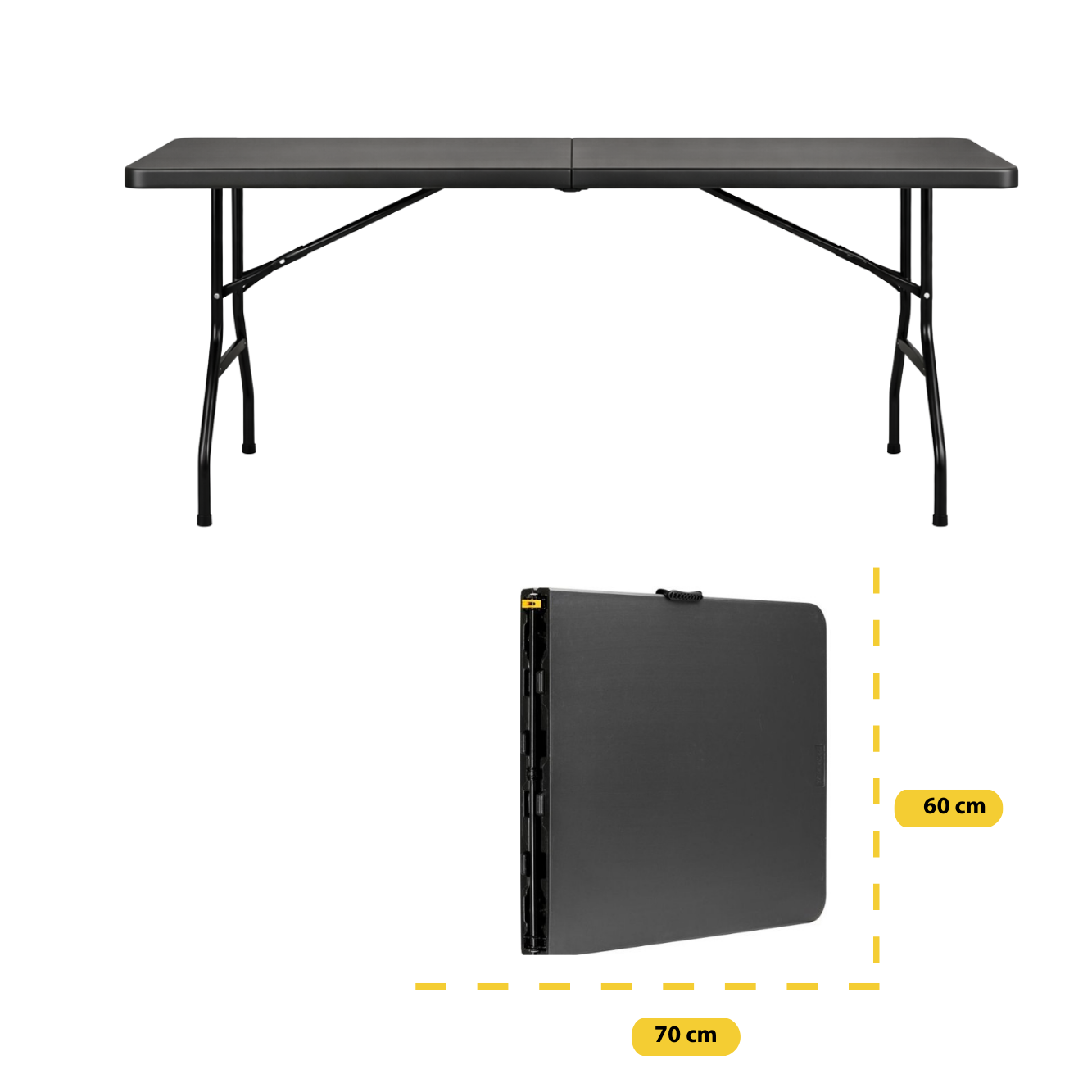 Een zwarte klaptafel, open en opgevouwen getoond. Opgevouwen afmetingen 70x60cm.