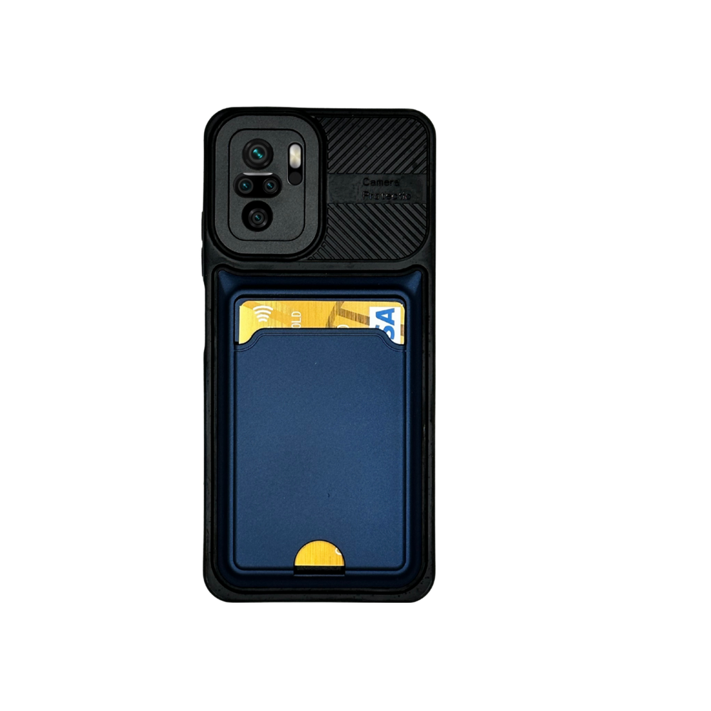Kart tutuculu siyah telefon kılıfı, mavi ek, altın kart.