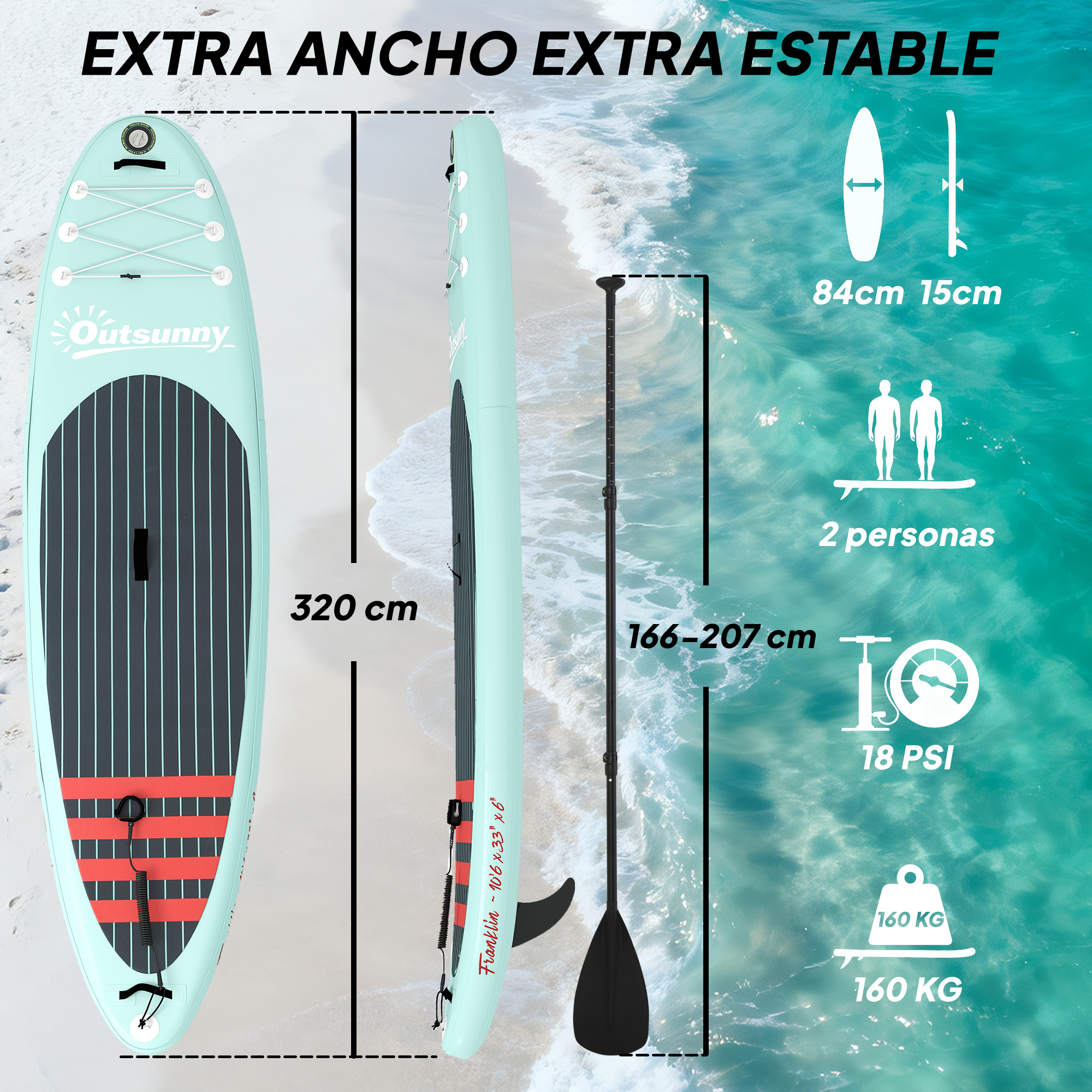 Tabla de paddle surf turquesa con remo y dimensiones sobre fondo de playa y mar.