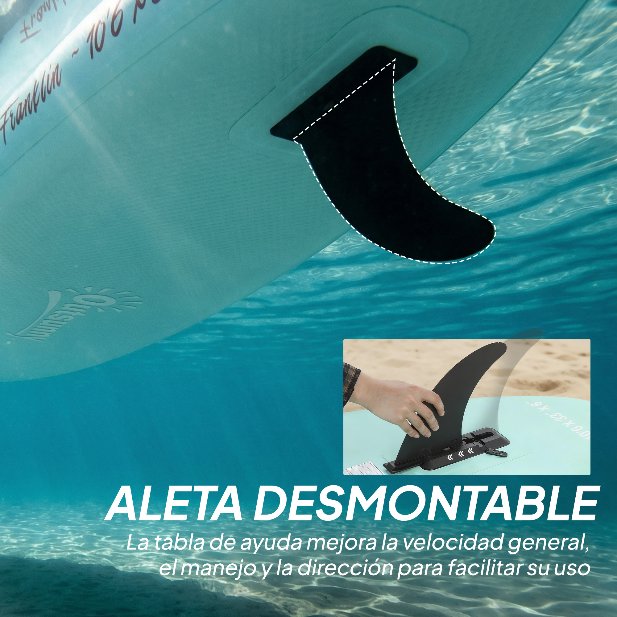 Vista submarina de una aleta de SUP y una mano que la sujeta.