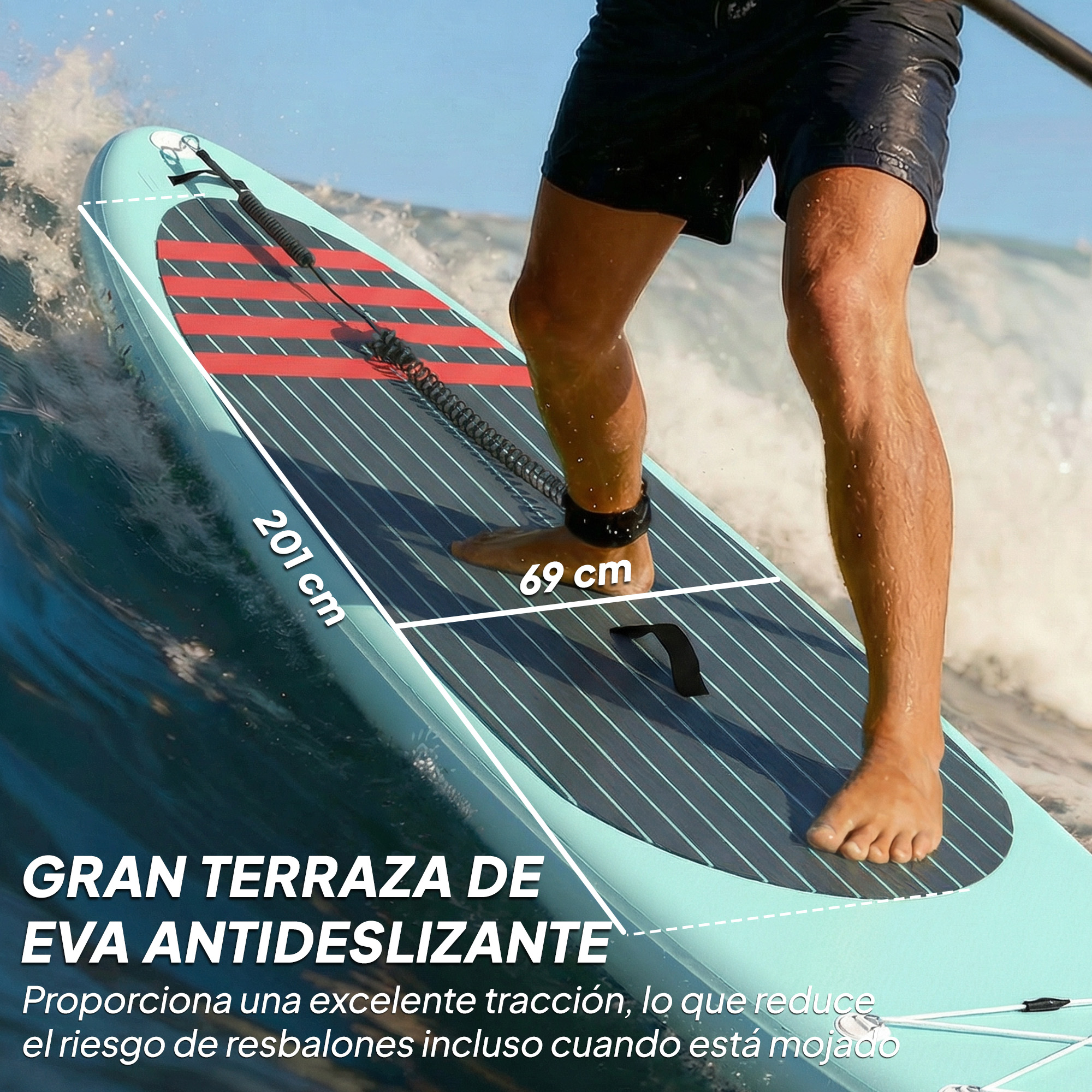 Persona en tabla de paddle surf en el agua, con medidas 201 cm y 69 cm.