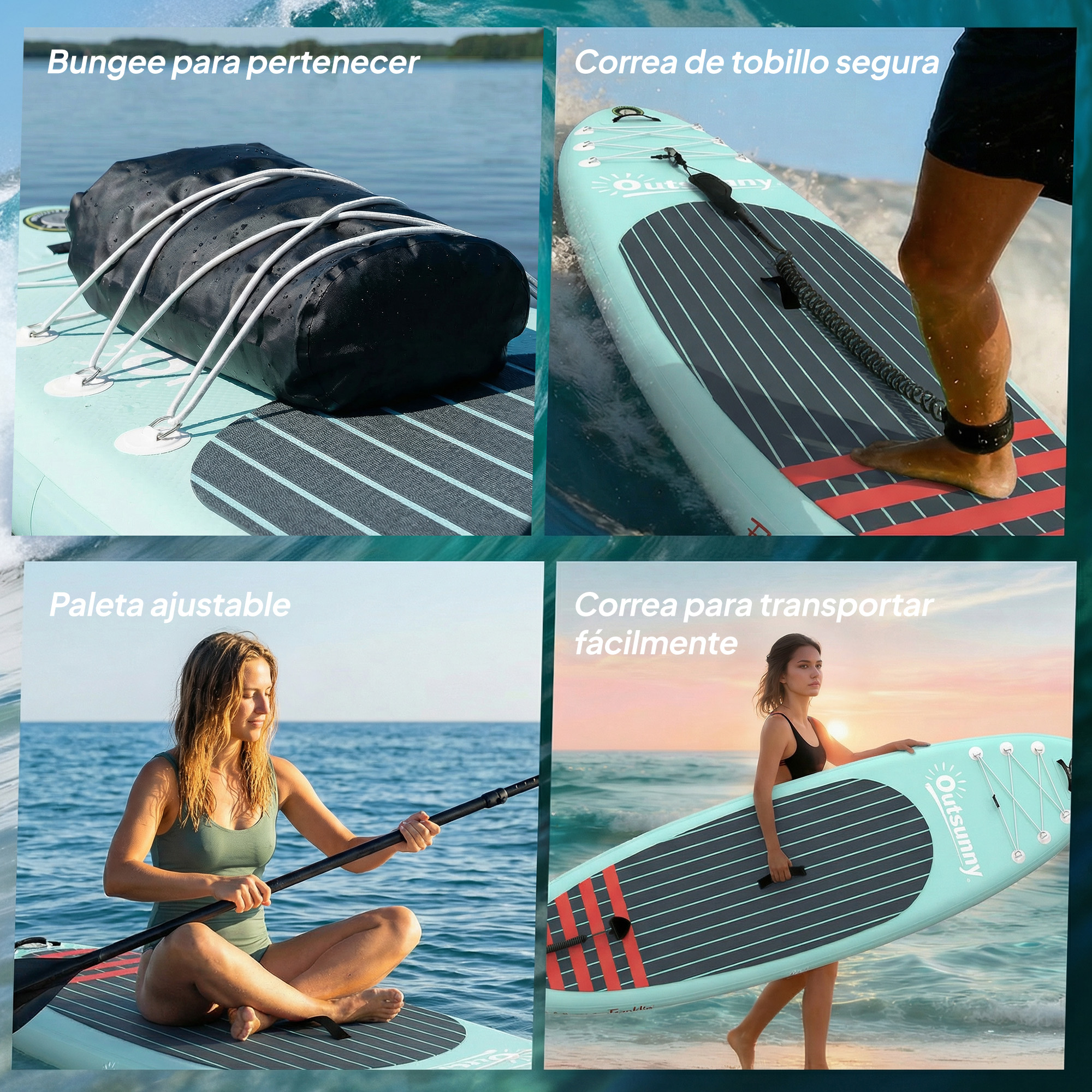 Cuatro escenas de equipo SUP: bolsa con cordones, correa de tobillo, remo y mujer con tabla.