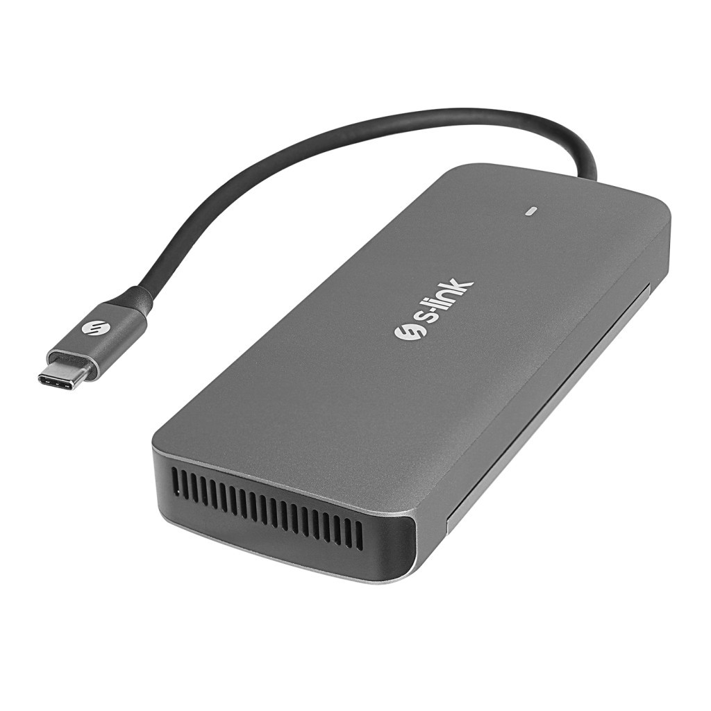 Gri USB-C adaptör, kablolu ve konektörlü, beyaz arka planda.