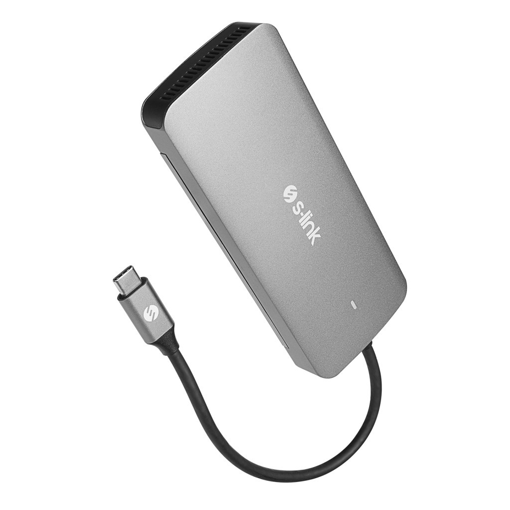 Gümüş renkli S-link logolu USB-C hub ve bağlı kablosu.