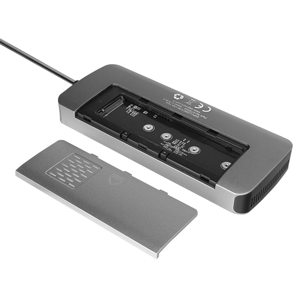 Devre kartını gösteren, kapağı çıkarılmış gümüş renkli USB hub.