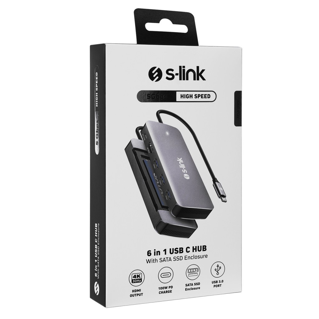 S-link 6'sı 1 arada USB C hub SATA SSD yuvası, 5 Gbps, 4K HDMI, 100W PD şarj.