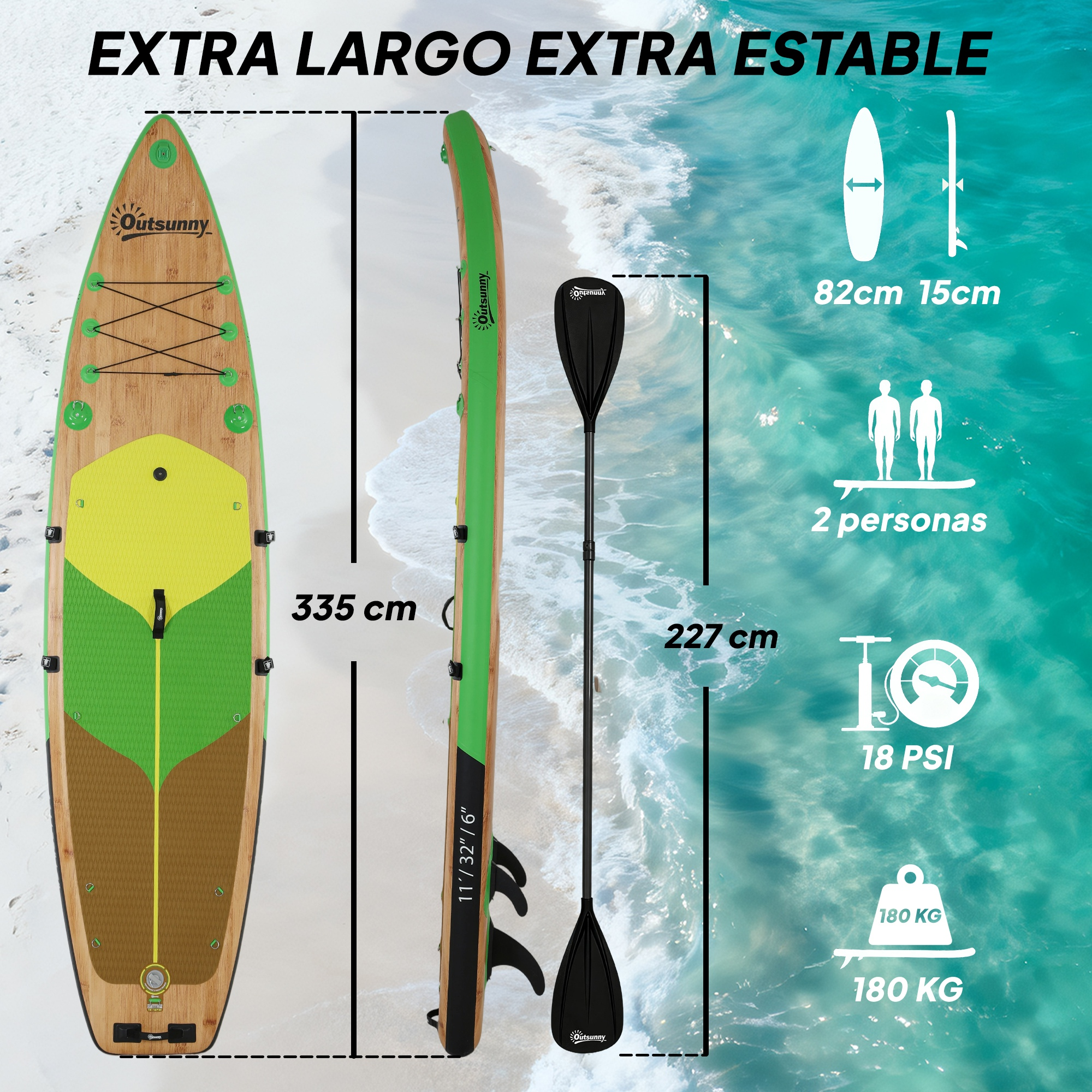 Tabla de paddle surf con remo y especificaciones como 335cm de largo, 82cm de ancho, 18 PSI.