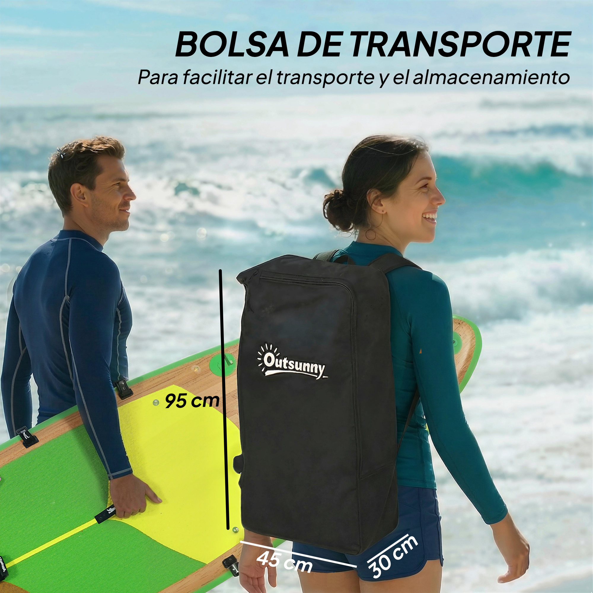 Hombre y mujer en la playa con tabla de surf y bolso.
