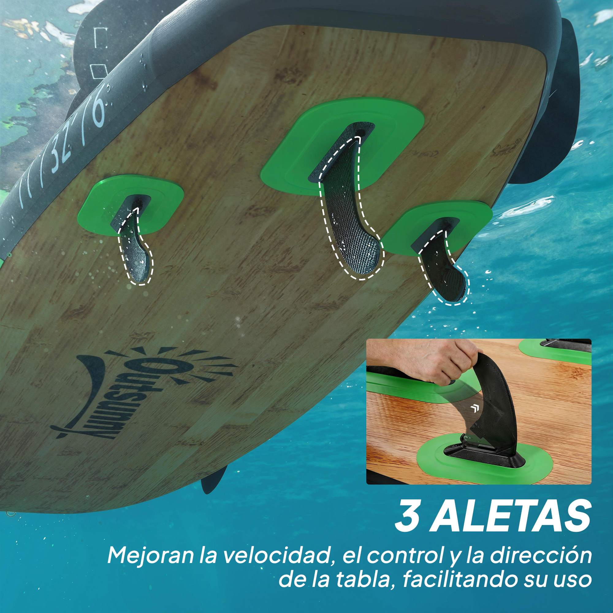 Parte inferior de una tabla de surf con tres quillas verdes en el agua.