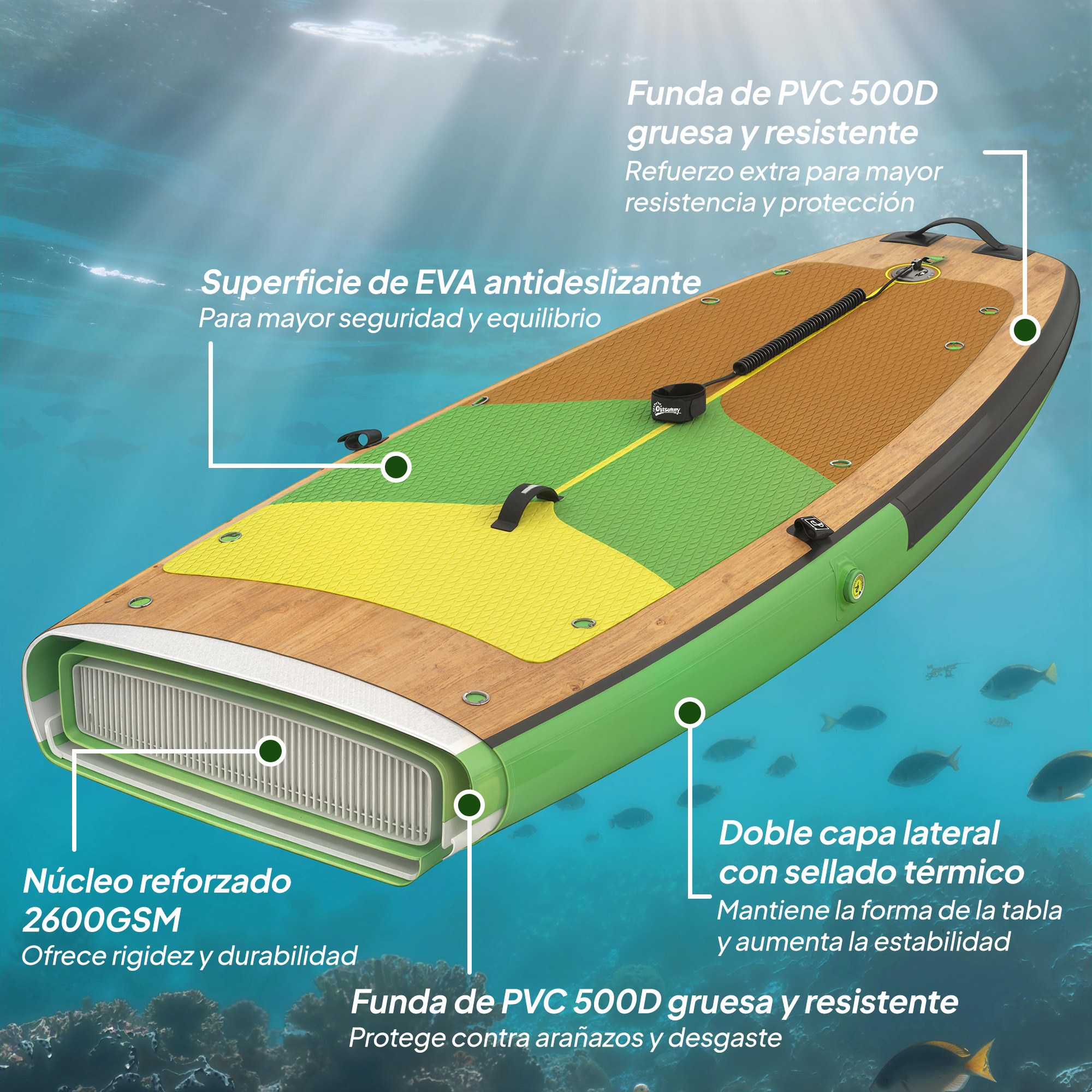 Tabla de paddle surf con cubierta de EVA, carcasa de PVC y núcleo reforzado.