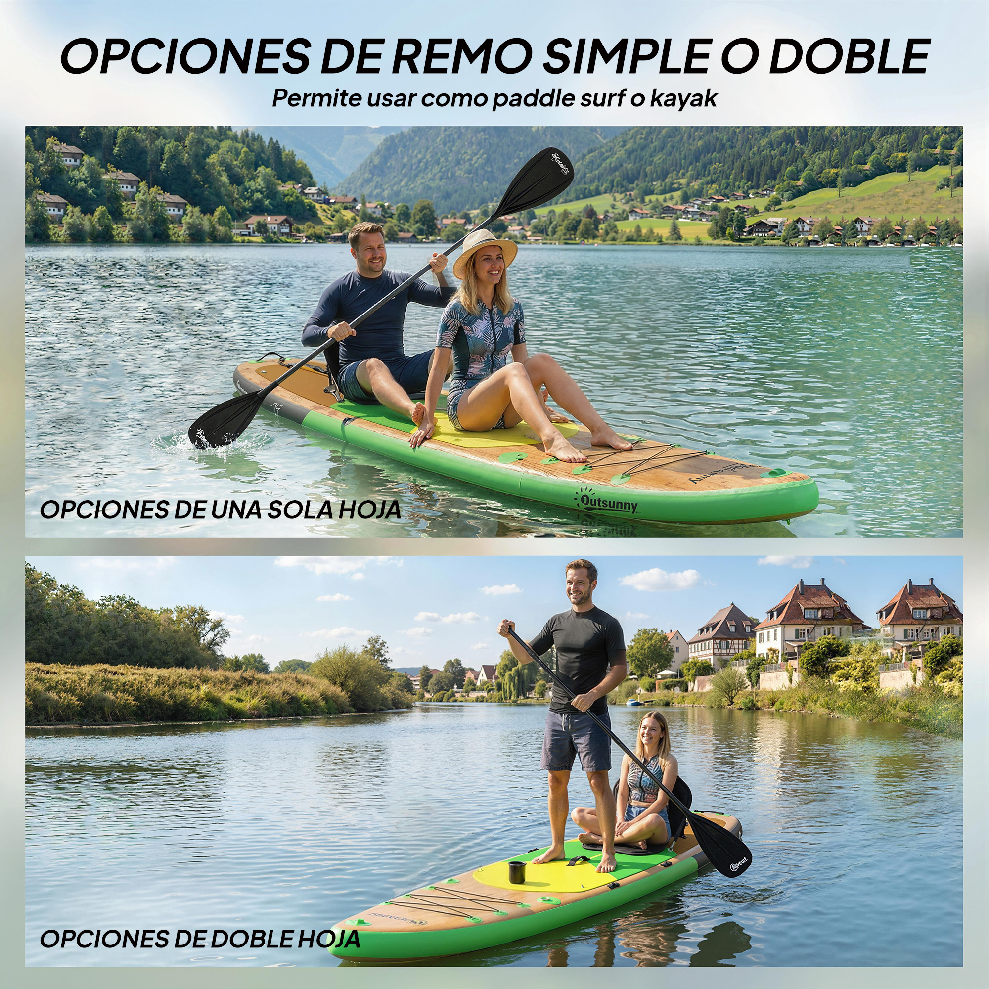Hombre y mujer en SUP, hombre de pie, mujer sentada. Montañas.