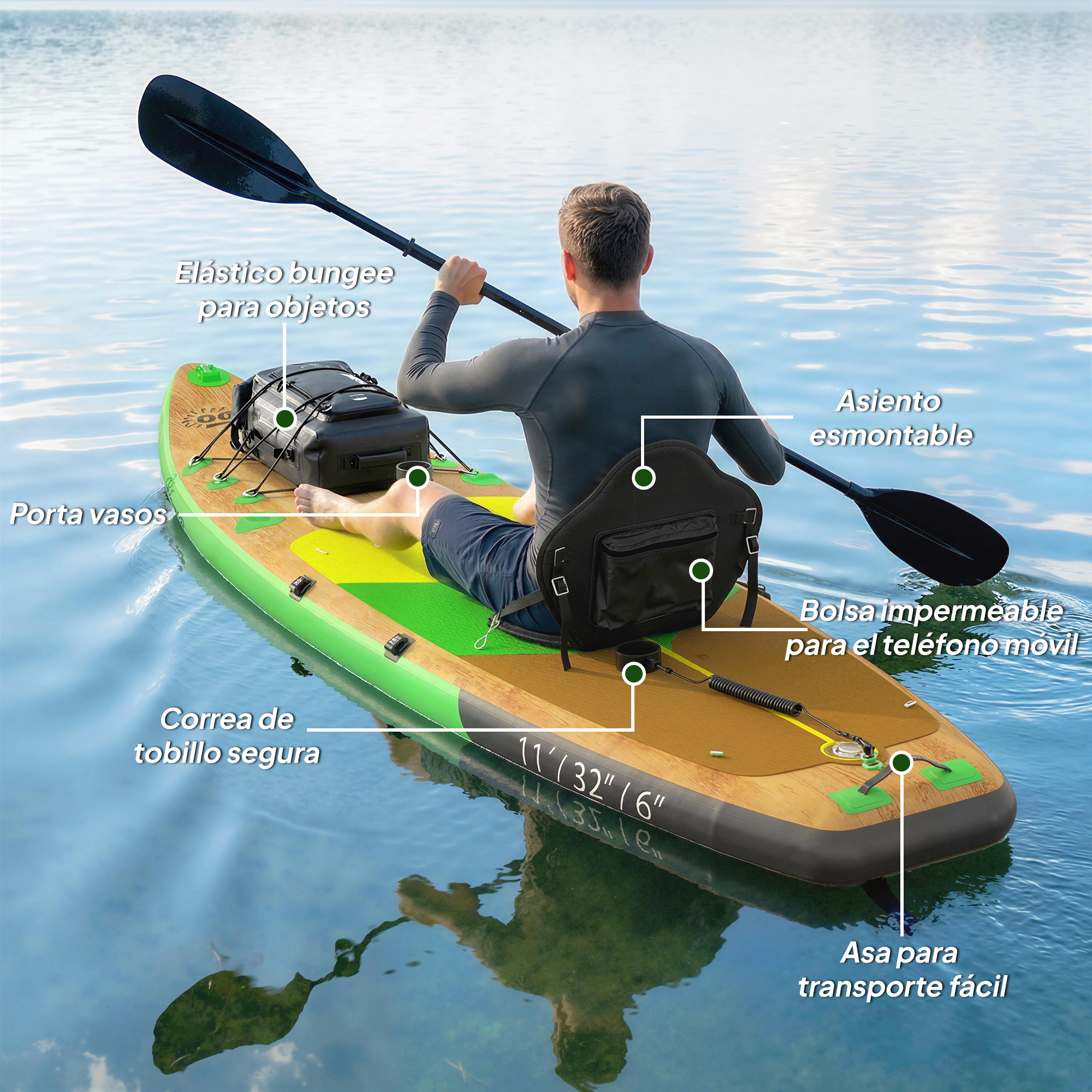 Hombre en tabla SUP con remo, equipo, asiento y portavasos en el agua.