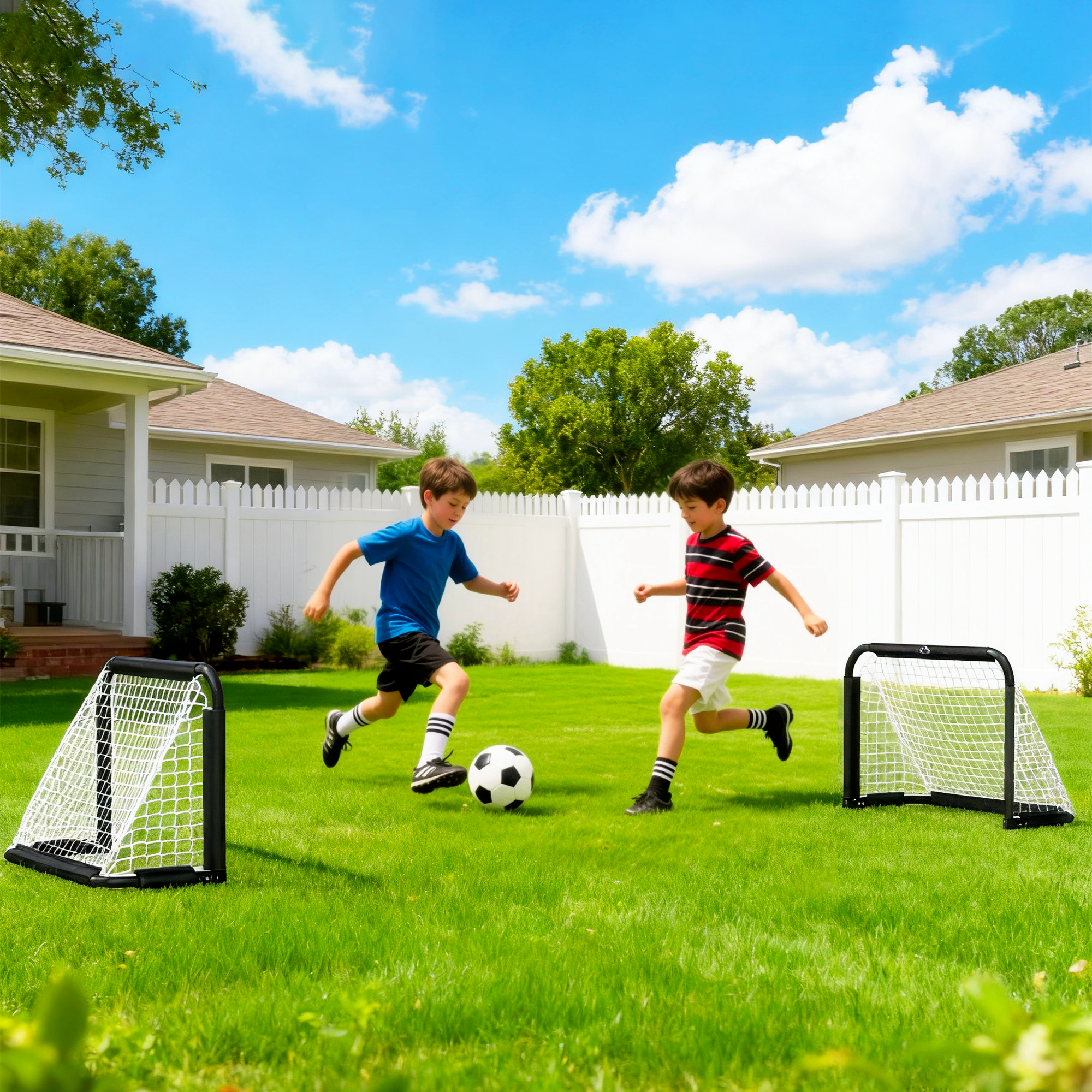 Dos niños jugando al fútbol en un patio trasero con césped y porterías.