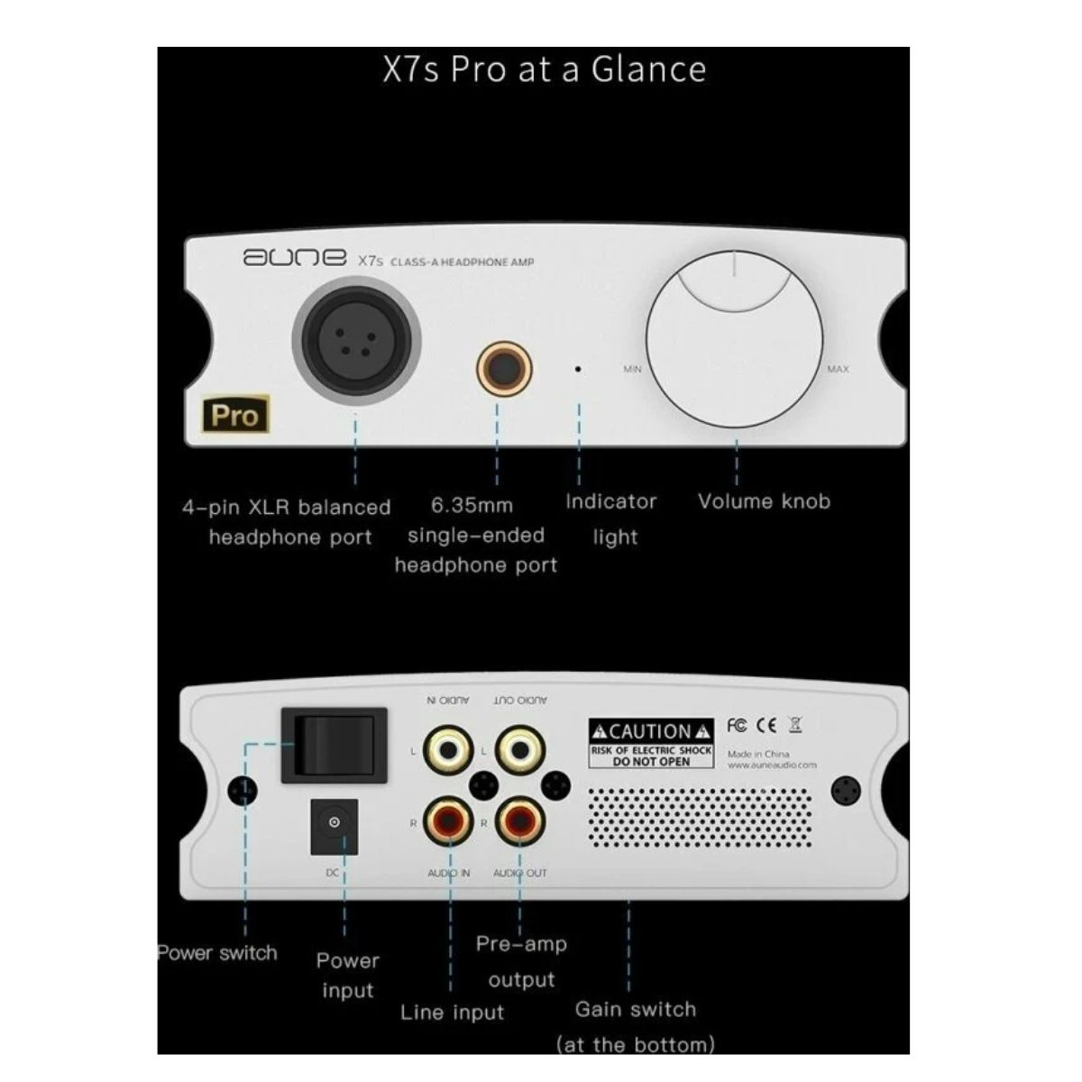 De Aune X7s Pro toont aansluitingen: XLR, 6.35mm, volumeknop, aan/uit-schakelaar, DC-ingang.