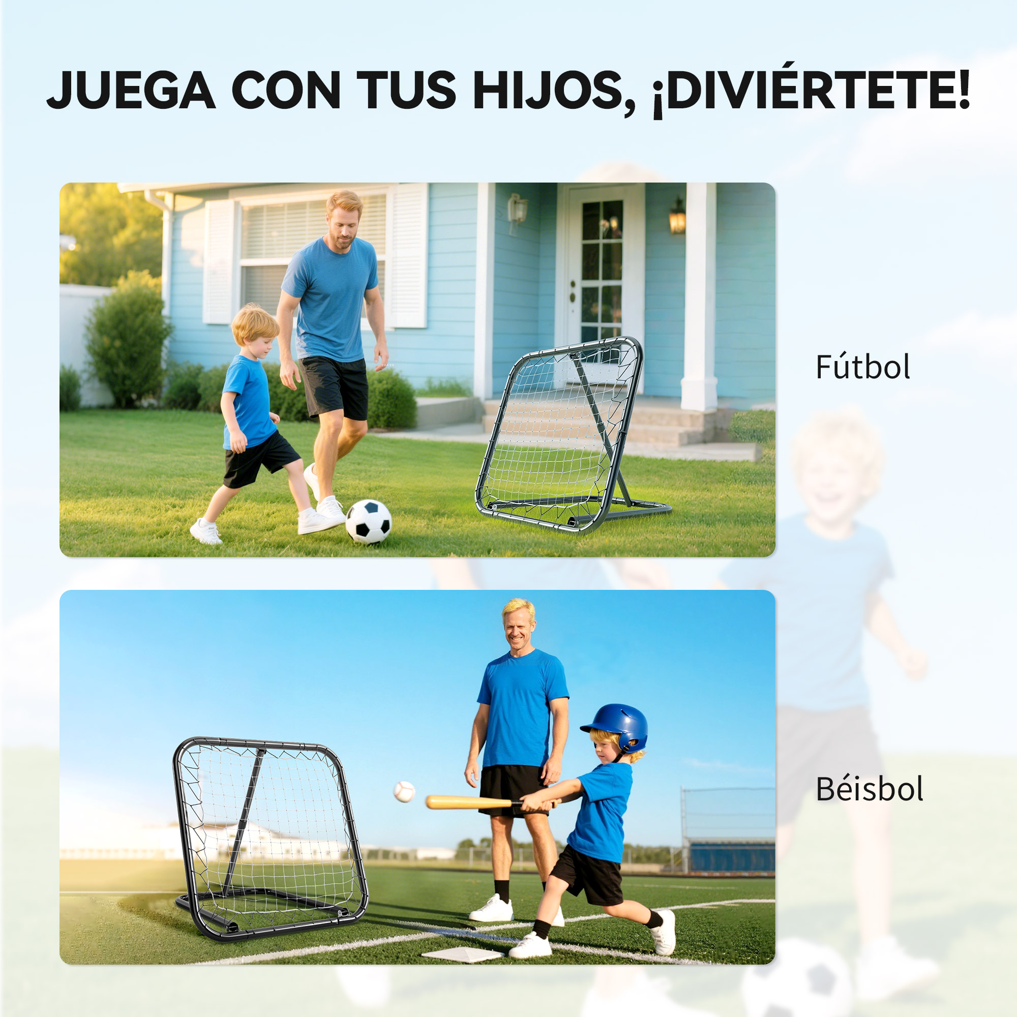 Padre e hijo juegan al fútbol y al béisbol en el césped frente a una casa.