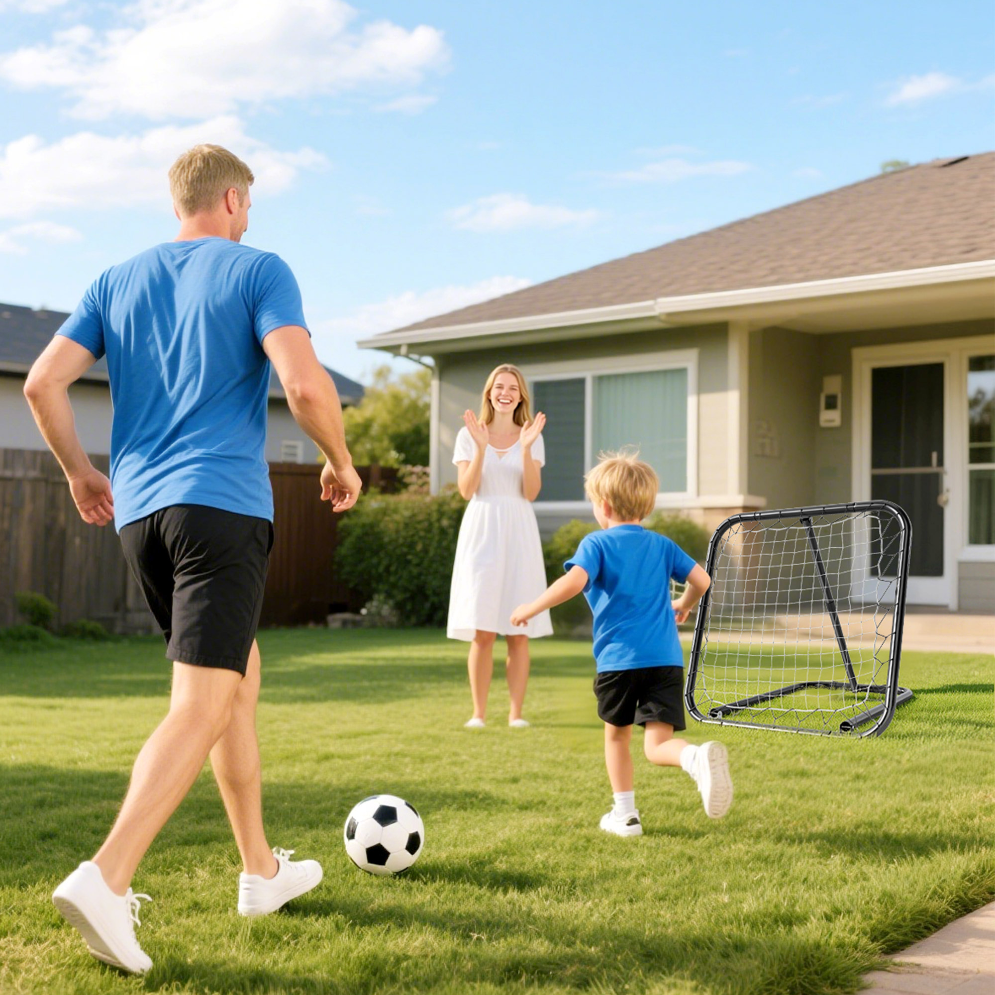 Familia juega al fútbol en el jardín con red de rebote.