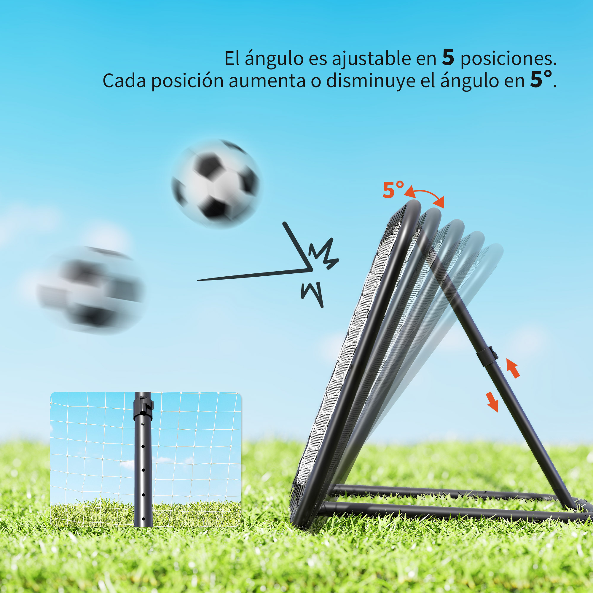 Una portería de fútbol con ángulo ajustable sobre césped verde.