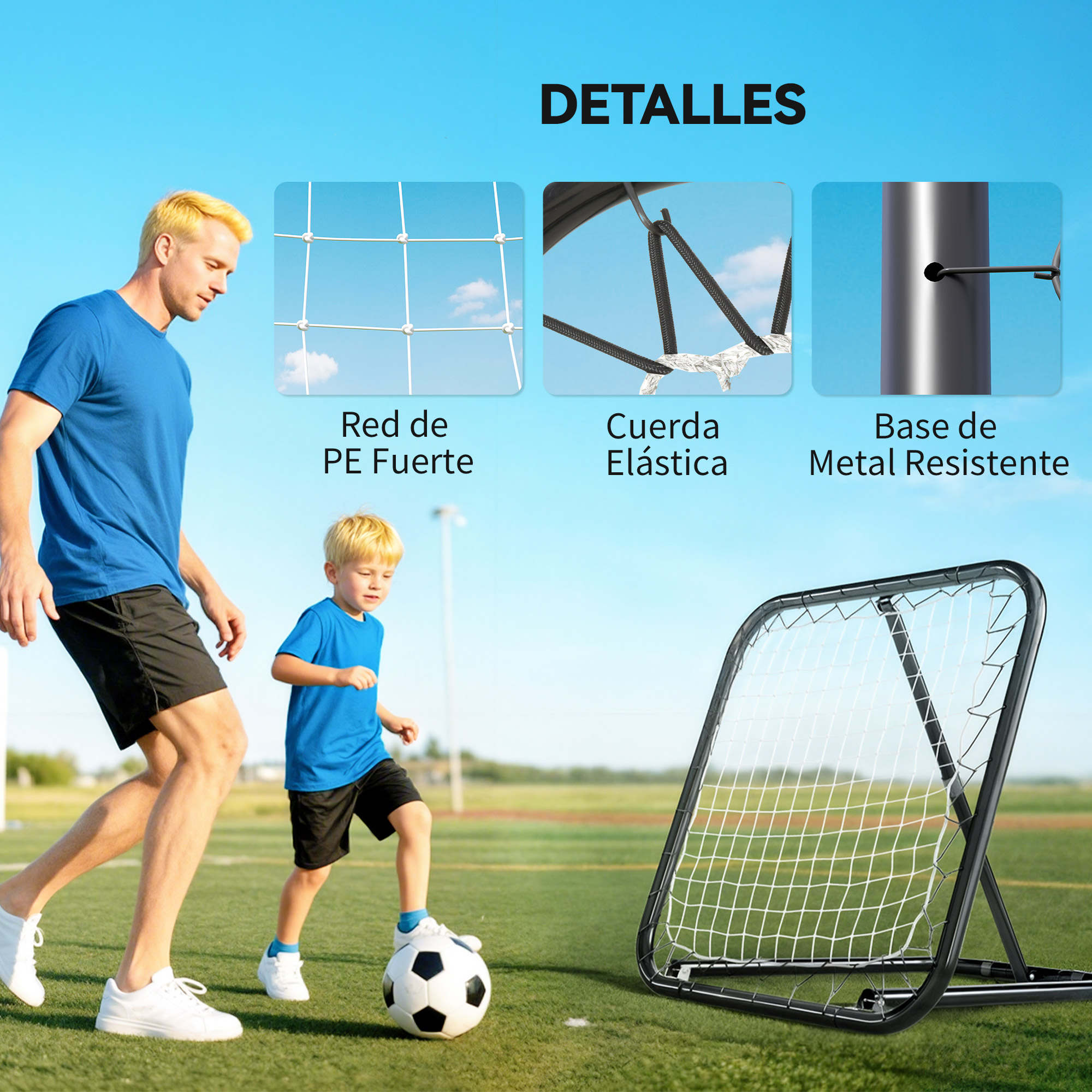 Hombre y niño juegan fútbol en césped artificial con red de entrenamiento.