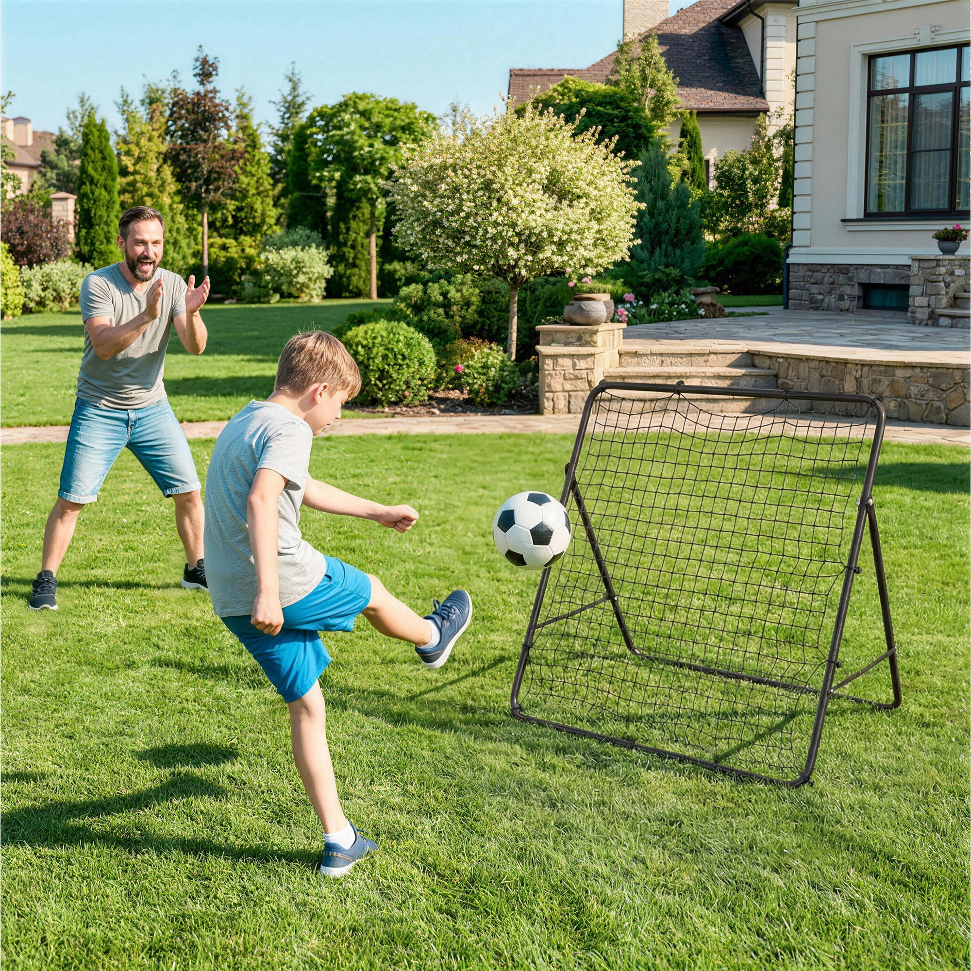 El padre aplaude mientras el hijo patea un balón de fútbol a una red de rebote.
