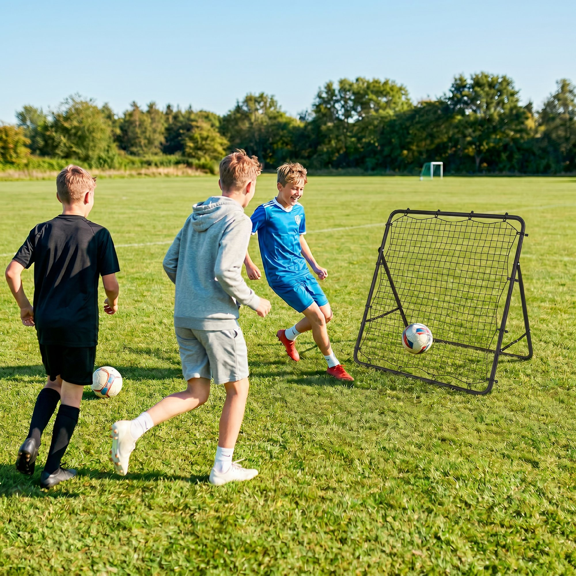 Tres niños juegan al fútbol en un campo verde con una portería de fútbol al fondo.