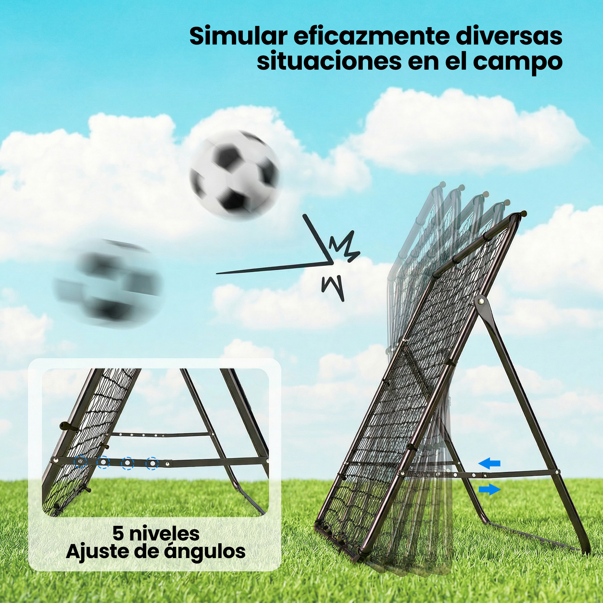Un balón de fútbol vuela sobre una red de entrenamiento con ángulos ajustables en césped.
