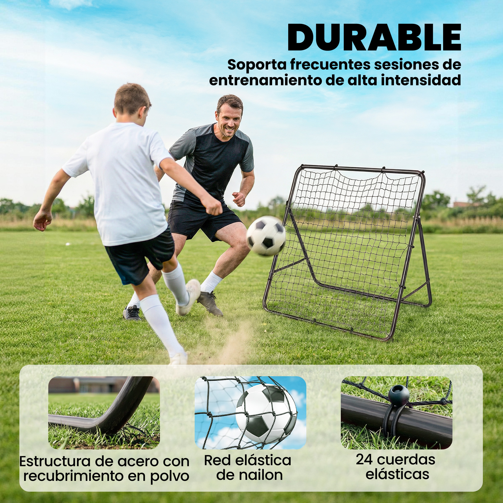Dos personas juegan al fótbol en un campo junto a una red de entrenamiento.