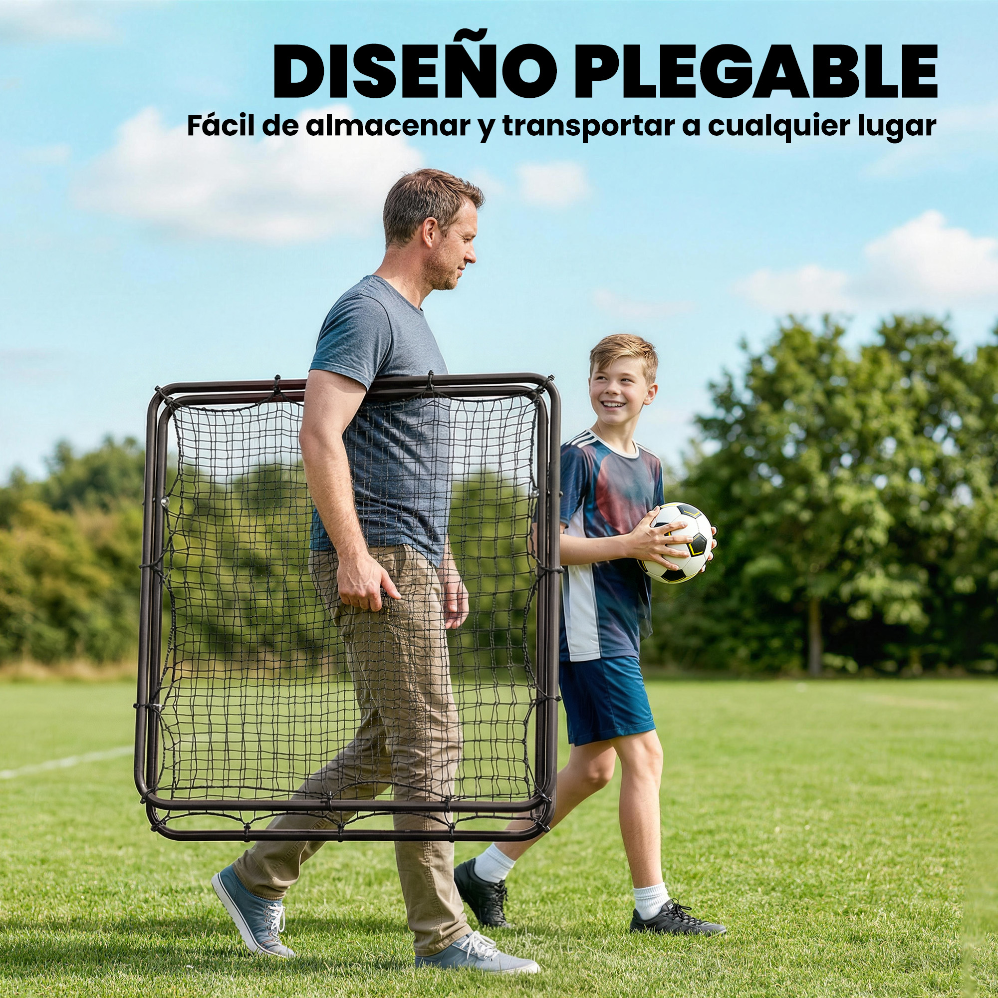 Hombre y niño llevan una red de rebote de fútbol en un campo.