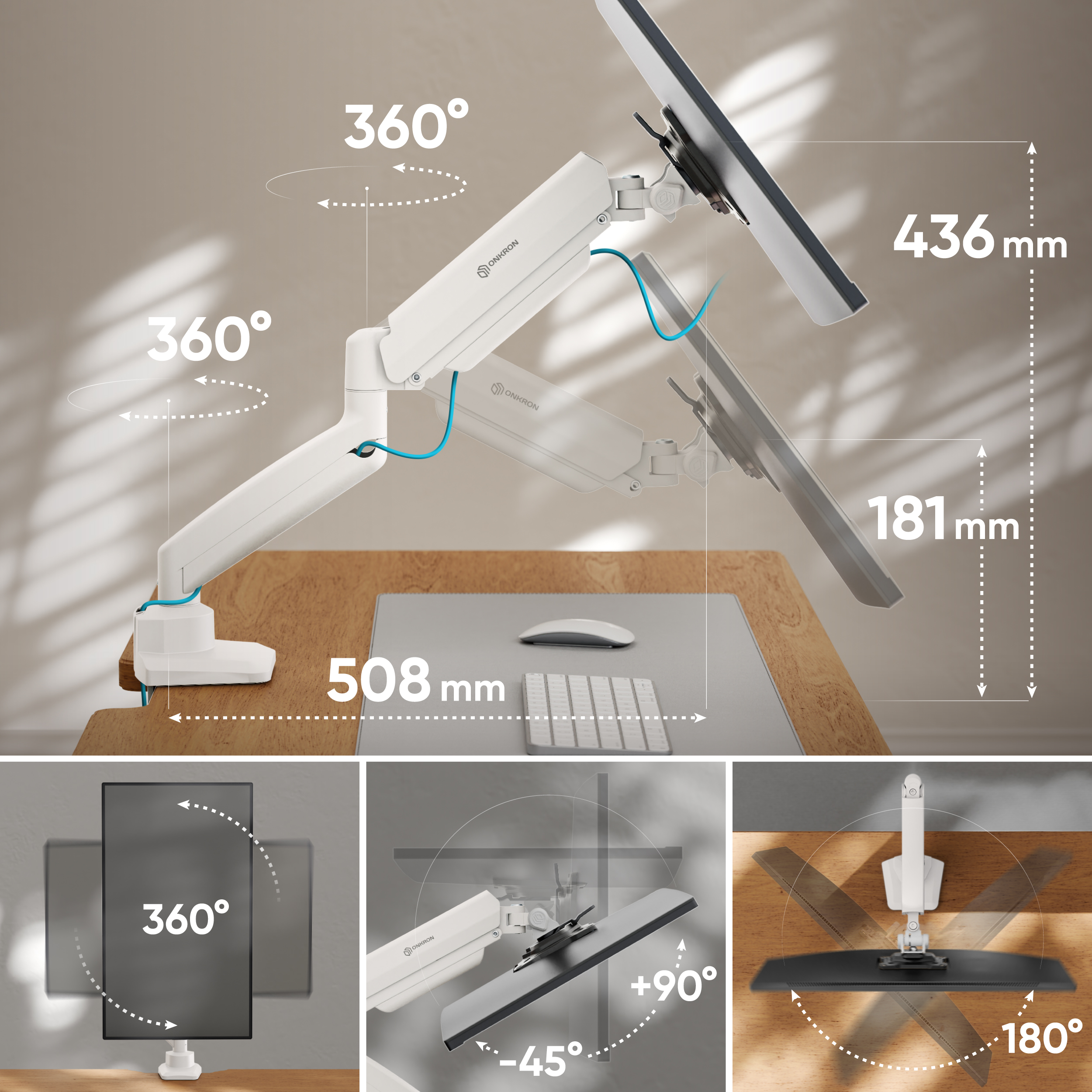 Ein weißer Monitorarm mit einem Monitor auf einem Schreibtisch.